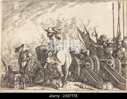 La gravure de Johann Wilhelm Baur en 1635 représente des scènes de bataille imaginaires, montrant des soldats, des chevaux, des armes, de la fumée, et des mouvements dynamiques. Banque D'Images