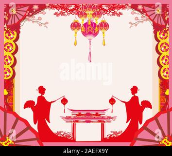 Joyeux Nouvel An chinois carte. Belle fille asiatique et ornements abstrait Banque D'Images