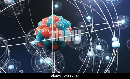 Résumé Le modèle de l'atome. Atom est le plus petit niveau de la matière qui forme éléments chimiques. Boules d'énergie rayonnante. La réaction nucléaire. La nanotechnologie Concept Banque D'Images