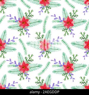 L'Aquarelle transparente avec motif floral de Noël poinsettia rouge fleurs et de sapin sur un fond blanc. Banque D'Images