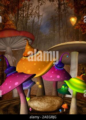 Fantasy Forest corner avec différents champignons et un rock Banque D'Images