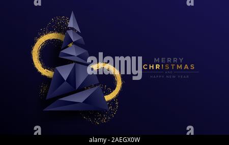 Joyeux Noël et bonne année 3d arbre de Noël en bas abstrait style triangle poly avec luxury gold glitter background. Idéal pour une carte de vœux ou el Illustration de Vecteur