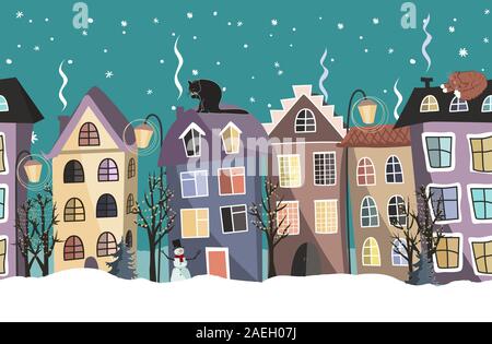 Hiver sans frontière avec cute maisons et arbres. Fond vecteur de Noël Illustration de Vecteur