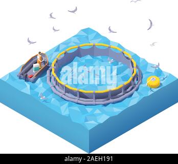 Les poissons d'alimentation à l'isométrique vectoriel fish farm Illustration de Vecteur