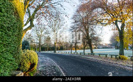 Espaces ouverts sur un frosty, matin d'automne dans la région de Rockfield, Warrington, Cheshire, Royaume-Uni. Prise le 30 novembre 2019. Banque D'Images