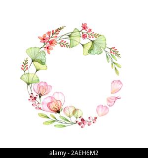 Aquarelle rose et couronne de freesia. Composition circulaire de fleurs, feuilles et la place pour le texte. Botanique coloré illustration peinte à la main pour logo Banque D'Images