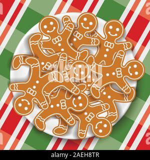 Maison de vacances Gingerbread Man dans les cookies sur la plaque de Noël couleur nappe Vichy Illustration de Vecteur