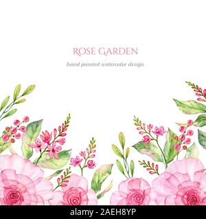 Jardin Rose bordure inférieure et la place pour le texte. Transparent aquarelle fleurs colorées isolé en blanc. Arrière-plan de carré floral botanique Banque D'Images