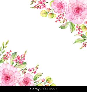 Aquarelle floral background avec jardin de roses dans les coins et la place pour le texte. Fleurs de couleurs transparentes isolées en blanc. Floral frame botanique Banque D'Images