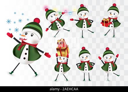 Collection Snowmans joyeux. Personnages de Noël. Le Snowman avec don présent. Le Snowman wearing hat, écharpe et mitaines isolé sur transparent Illustration de Vecteur