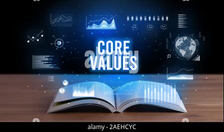 Les valeurs de base de l'inscription d'un livre ouvert, creative business concept Banque D'Images