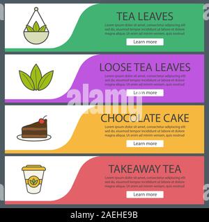 Plateau modèles de page définie. Les feuilles de thé en vrac, gâteau au chocolat, plats à emporter en papier. Les éléments de menu du site Web. Color bandeau web. En-têtes vecteur co design Illustration de Vecteur