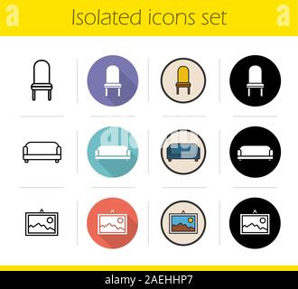 Icons Set de meubles. Modèle plat, linéaire, noir et couleurs. Salon de l'intérieur. Chaise classique, canapé, mur photo. Vector illustratio isolés Illustration de Vecteur