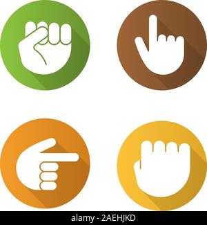 Les gestes de la main modèle plat long shadow icons set. Poing levé et pressé, les mains vers la droite et vers le haut. Silhouette Vector illustration Illustration de Vecteur