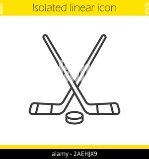 L'équipement de hockey sur glace l'icône linéaire. Fine ligne illustration. Traversée des bâtons de hockey et rondelle en caoutchouc. Symbole de contour. Dessin vectoriel aperçu isolés Illustration de Vecteur