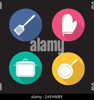 Ustensiles de cuisine design plat long shadow icons set. Équipement de cuisson. Spatule, porte-pot, casserole, poêle. Silhouette Vector illustration Illustration de Vecteur