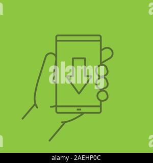 Hand holding smartphone linéaire couleur icône. Smart phone avec flèche de téléchargement. Fine ligne les symboles de contour sur un fond de couleur. Vector illustration Illustration de Vecteur