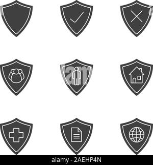 Les boucliers de protection glyphe icons set. Symboles de Silhouette. L'assurance médicale, les documents privés, des biens, des personnes, la sécurité du réseau. Vector illu isolés Illustration de Vecteur