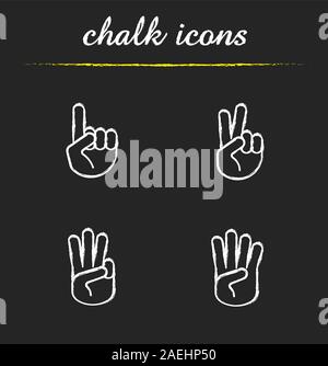 Les gestes de la main icons set de craie. Un, deux, trois et quatre doigts vers le haut. Illustrations vectorielles chalkboard Illustration de Vecteur