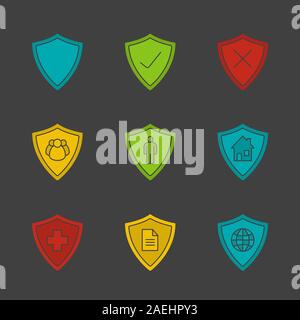 Les boucliers de protection couleur glyphe icon set. L'assurance médicale, les documents privés, des biens, des personnes, la sécurité du réseau. Symboles sur Silhouette black background Illustration de Vecteur