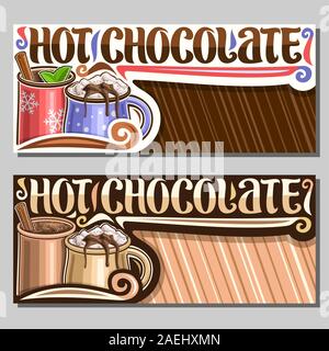 Les modèles vectoriels pour chocolat chaud avec copie espace, carte avec 2 tasses de métal noël chaud, dégoulinant de dessert chocolat fondu, au pinceau lettrage pour wor Illustration de Vecteur