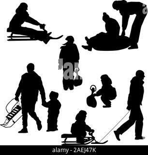 Jeu de silhouettes noires et les enfants avec un traîneau fond blanc. Vector illustration. Illustration de Vecteur