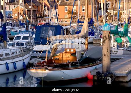 La marina du port d'Arbroath, rempli de yachts et bateaux de plaisance, éclairé par la chaude lumière directionnelle d'un soleil bas à la fin de la journée. Banque D'Images