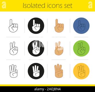 Les gestes de la main icons set. Linéaire, noir et couleurs. Un, deux, trois doigts vers le haut. Illustrations vectorielles Illustration de Vecteur