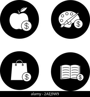 Glyph Services icons set. Le Shopping. Acheter des fruits, des livres, de l'art produits. Vector silhouettes blanc illustrations de cercles noirs Illustration de Vecteur