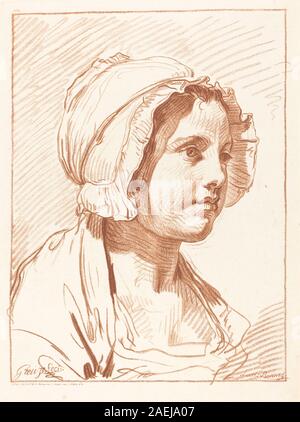 Head of a Young Wearing a Cap, de Louis-Marin Bonnet d'après Jean-Baptiste Greuze avant 1764, montre un portrait féminin délicat mettant l'accent sur les traits du visage, les cheveux et les coiffures dans un style détaillé et réaliste. Banque D'Images
