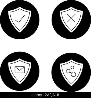 Les boucliers de protection glyphe icons set. Le courrier électronique et la sécurité de la connexion réseau. Approuvé et refuser une protection. Vector silhouettes blanc illustrations de b Illustration de Vecteur