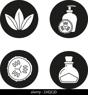Spa salon glyphe icons set. Tranche de concombre et de la lotion contenant, bouteille de sel, feuilles détachées. Vector silhouettes blanc illustrations de cercles noirs Illustration de Vecteur