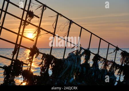 Silhouette d'une structure métallique avec des déchets plastiques et des algues en face de la mer et du coucher du soleil Banque D'Images