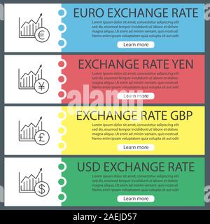 Taux de change des monnaies des modèles de bannières web. Les courbes de croissance du marché à l'euro, yen, dollar et livre des signes. Les éléments de menu de couleur site web avec i linéaire Illustration de Vecteur