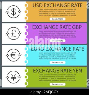 Taux de change des monnaies des modèles de bannières web. US dollar, euro, livre sterling, yen. Couleur du site Menu avec icônes linéaire. En-têtes de vecteur Illustration de Vecteur