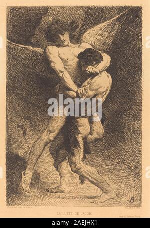 Une peinture de Léon Bonnat de 1876 représentant Jacob luttant avec l'ange, montrant des figures, des gestes, des vêtements, une scène dramatique, et style académique français du XIXe siècle. Banque D'Images
