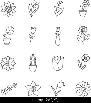 Linéaire fleurs icons set. Jardin, nature, plantes d'intérieur. Blooming fleurs décoratives. Roses, tournesols, peut-lily, jonquilles, tulipes. Fine ligne contour sy Illustration de Vecteur