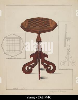 Une table inclinable avec un motif en damier, réalisée vers 1936. La table a un dessus et une base en bois, avec un mécanisme articulé permettant au dessus de s'incliner pour le stockage ou l'affichage. Il reflète le design scandinave du début du XXe siècle. Banque D'Images