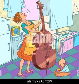 Lavage et séchage à la maison. La mère avec un petit enfant joue la double basse Illustration de Vecteur