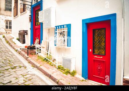 Vieille maison délabrée avec mur blanc et bleu vintage rouge avec porte en verre jaune et de la ferronnerie et strey les chats. Balat, Istanbul, Turquie. Banque D'Images