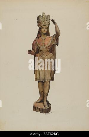 Figure indienne de magasin de cigares réalisée vers 1942 par Mary Edith Brooks, sculptée et peinte dans du bois, représentant une figure amérindienne utilisée historiquement comme sculpture publicitaire ou décorative. Banque D'Images