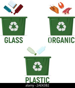 Conteneur pour le recyclage le tri des déchets - Plastique, organique, plastique. Les déchets, l'élimination des déchets et de recyclage, des bannières Web pour le Web et Smartphone. Simple et Illustration de Vecteur