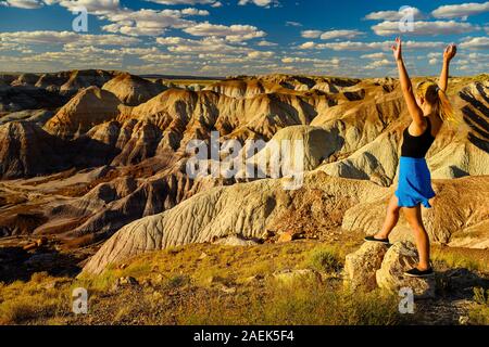 Des visiteurs du parc national de superbe blonde woman admiring la hors de cette vision du monde de Blue Mesa dans le Parc National de la Forêt Pétrifiée, Arizona, USA Banque D'Images