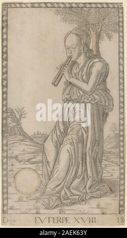 Euterpe, par le maître de la série E Tarocchi vers 1465, représente la muse de la musique tenant des instruments de musique, montrant des draperies détaillées, la posture et les traits du visage dans un style Renaissance italienne du XVe siècle. Banque D'Images