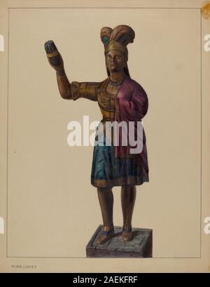 Magasin de cigares indien fait par Mina Lowry circa 1937, montrant figure en bois sculpté, surface peinte, représentation amérindienne, et fonction d'affichage de magasin décoratif. Banque D'Images