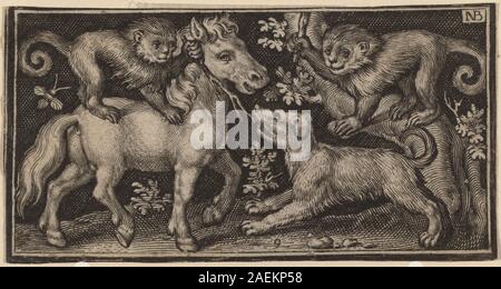 Publiée en 1594 par Nicolaes de Bruyn, cette gravure représente un cheval avec deux singes et un chien. L'œuvre met l'accent sur la représentation animale, la technique de gravure au trait et la gravure hollandaise de la fin du XVIe siècle. Banque D'Images