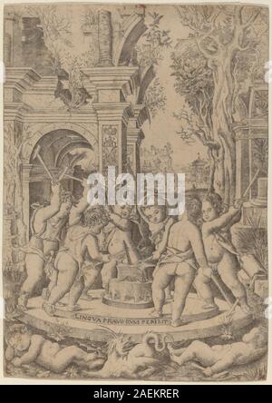 Le destin d'une langue maléfique, vers 1507 par Nicoletto da Modena, illustre une scène moralisante montrant une figure punie pour avoir parlé malicieusement, avec des traits stylistiques de la Renaissance, des gestes expressifs et une anatomie humaine détaillée. Banque D'Images