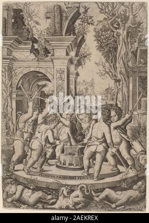 Un tableau de Nicoletto da Modena vers 1507 intitulé 'destin d'une langue maléfique'. L'œuvre représente des figures allégoriques illustrant les conséquences morales, avec une composition détaillée de la Renaissance et une représentation figurative. Banque D'Images