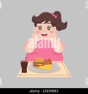 Big Fat Woman profiter de manger fast food, junk food, pilons de poulet, frites, Hamburger, nutrition, perdre du poids, de la santé concept Banque D'Images