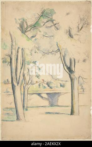 Cette peinture de Paul Cézanne datant de 1885-1888 représente le Mont Sainte-victoire vu au-delà d'un mur à Jas de Bouffan, mettant l'accent sur le paysage, la topographie, les arbres, le ciel, et les techniques de composition post-impressionnistes. Banque D'Images